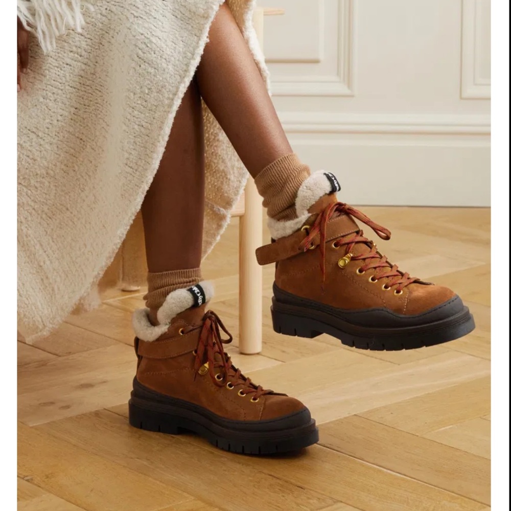 See by Chloe Joyla shearling tan/camel suede hiking boots size 37